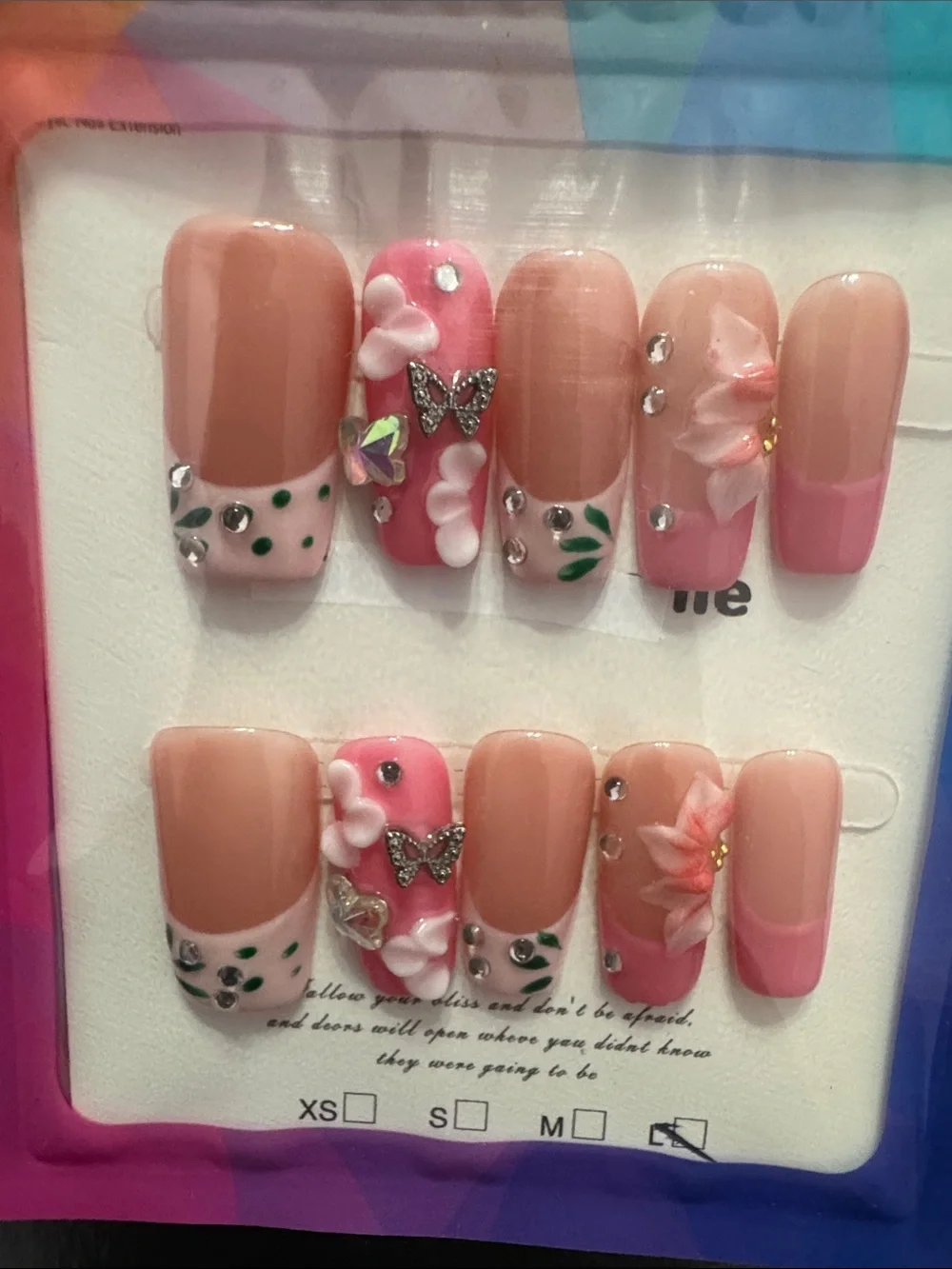 Pink Floral 3D Rhinestone Press-On Nails